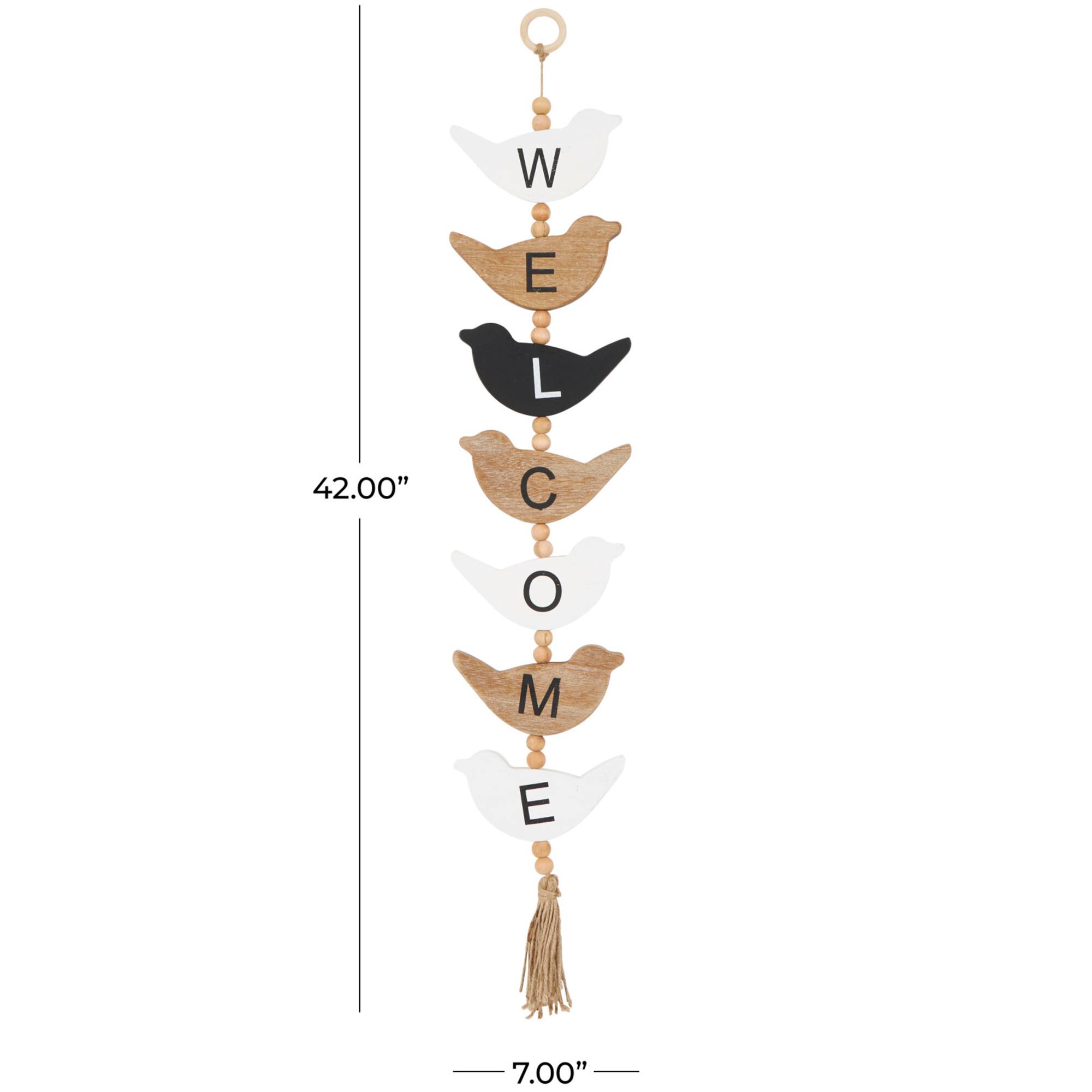7" x 42" Handmade Black Wood Bird Welcome Sign Wall Décor with Tassel & Bead Accents